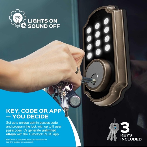 TURBOLOCK TL117 Bluetooth Digital Deadbolt Smart Lock w/App & Keypad incl keys - Picture 2 of 9